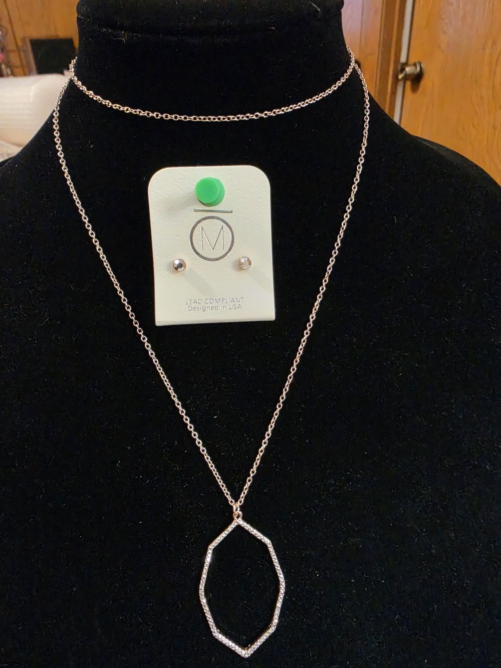 Rose Gold Geometric Pendant Necklace and Stud Earring Set - Brand: